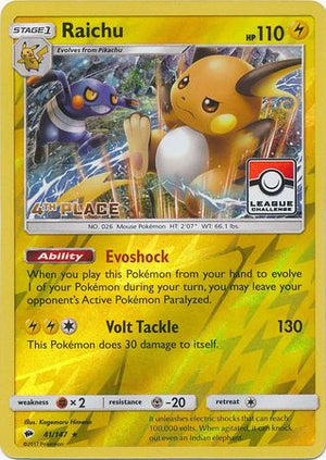 Raichu (41/147) (League Promo 4th Place) [Sun &amp; Moon: Burning Shadows] 